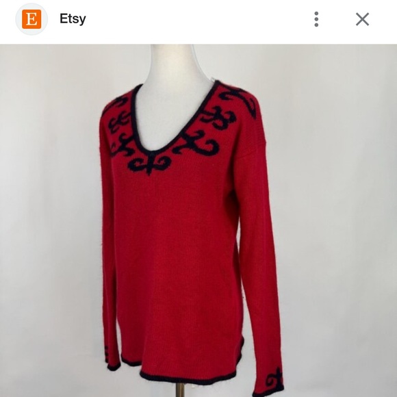 Vintage 90s Liz Claiborne Red silk Angora blend sweater black swirl embroidery. - Picture 5 of 12